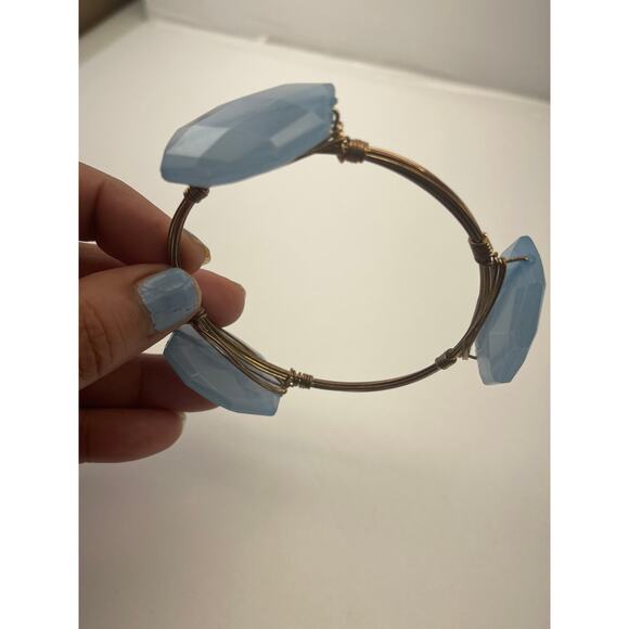Vintage Blue Faux Stone Wrapped Wire Bangle Bracelet B18 - Picture 9 of 12